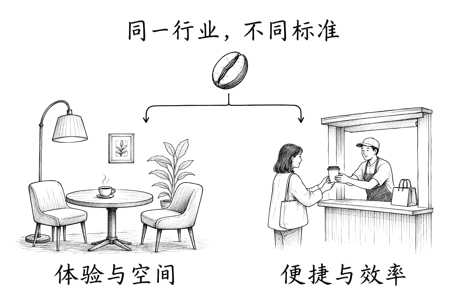 同一颗咖啡豆分出两条路线:一边是强调体验与空间的咖啡馆,另一边是强调便捷与效率的自提柜台。