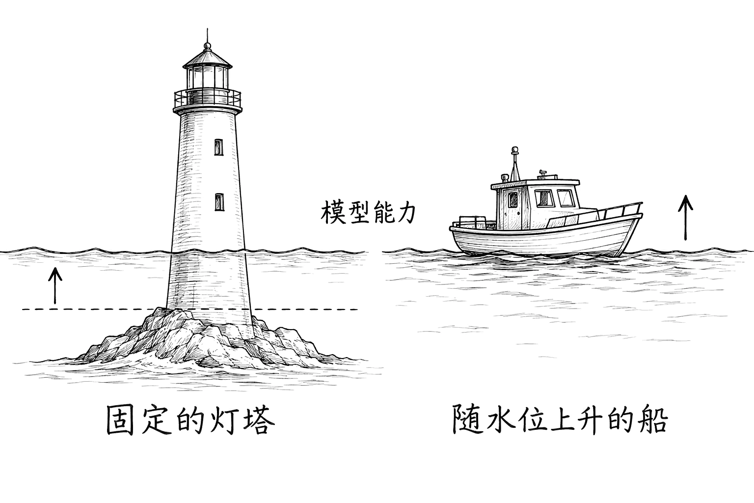 固定灯塔逐渐被上涨的水位追上,而浮在水面的船随之升高,类比补丁式能力与随模型进步增值的应用。